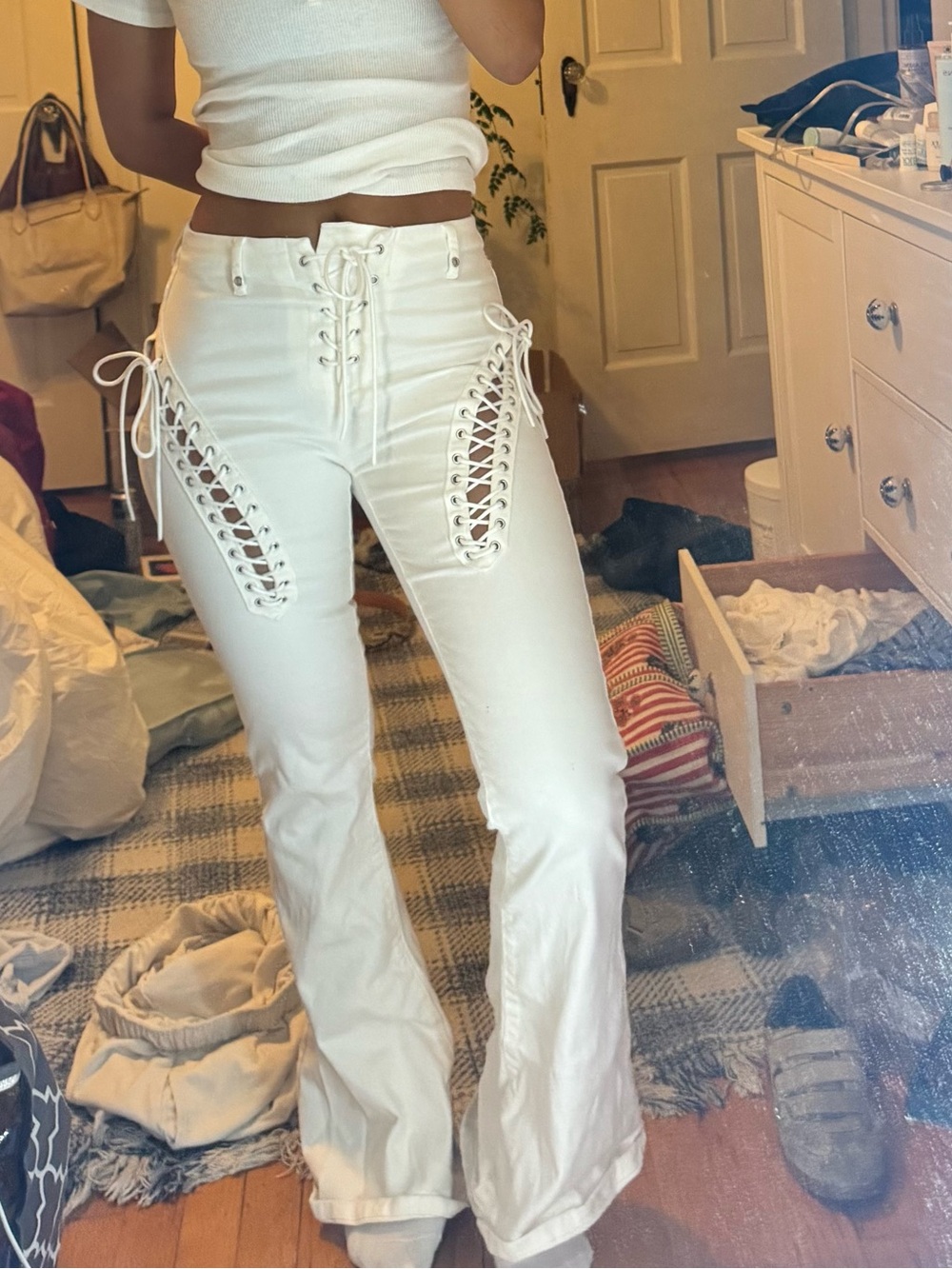 Edikted White Lace-Up Flare Pants